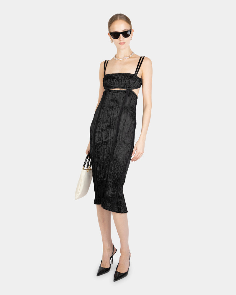 Crinkle Satin Strap Dress Black