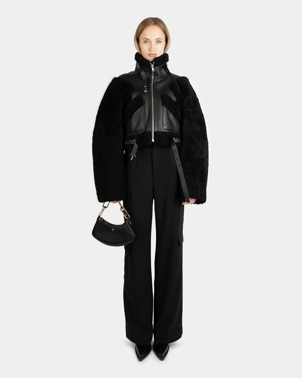 Reversible Cropped Shearling Coat Black