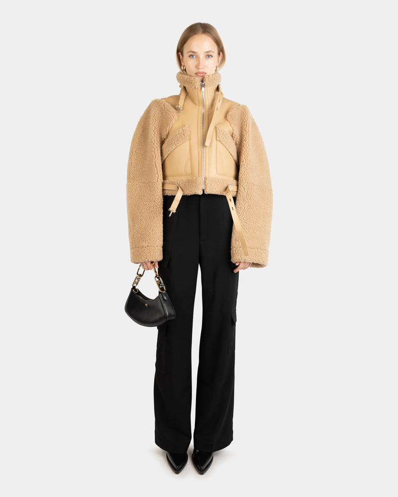 Reversible Cropped Shearling Coat Sand