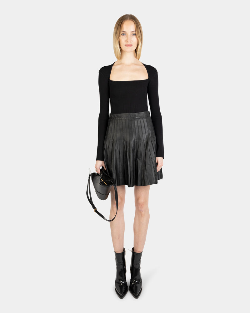 Pleated Leather Skirt Black