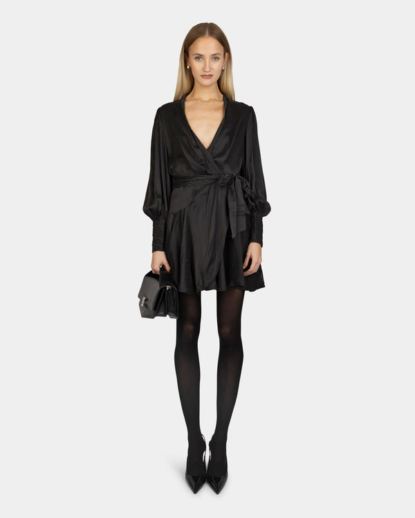 Silk Wrap Mini Dress Black