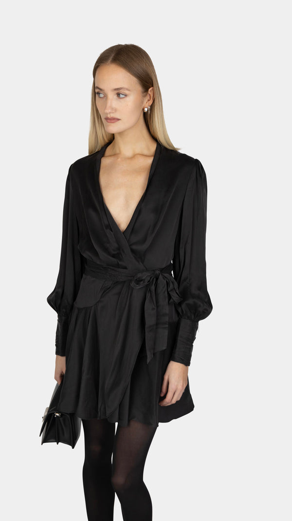 Silk Wrap Mini Dress Black