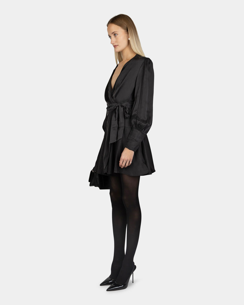 Silk Wrap Mini Dress Black