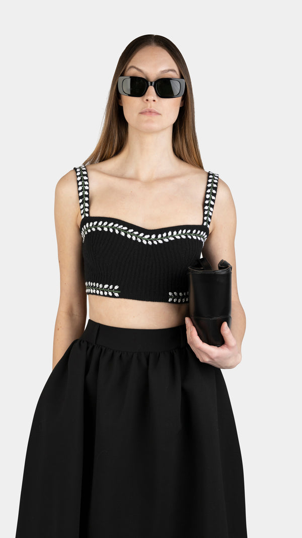 Cyra Embroidery Cropped Top Black and White