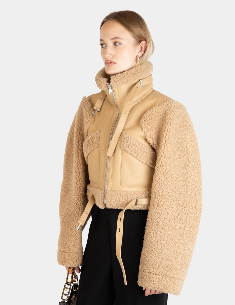 Reversible Cropped Shearling Coat Sand
