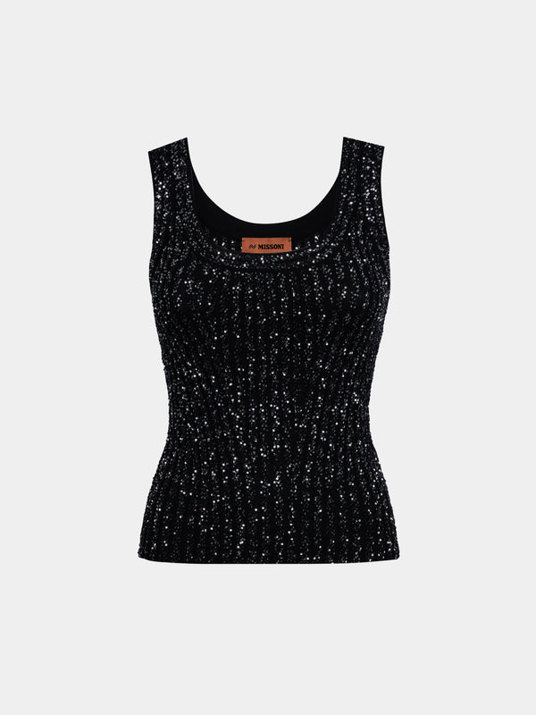 Sequinned Ribbed Tank Top Black